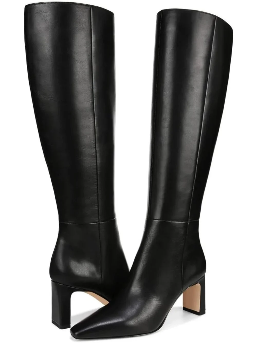 Women's Black Closed Pointed Toe Chunky Heel Side Zipper Dress Knee High Boots